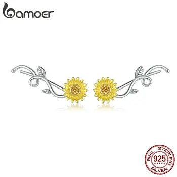 bamoer de Culoare de Aur de Floarea-soarelui Lung Cercei Stud pentru Femei Argint 925 Floare Margarete Ramură Serie de Bijuterii 2020 BSE394