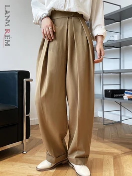 LANMREM Femei Talie Mare Design Vrac Pantaloni Casual Culoare Solidă Buzunare Birou Doamnă Pantaloni 2023 Primăvara Iarna Noi 2R5510