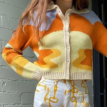 Femei Toamna Vintage Stil Francez Soare De Imprimare Scurte Tricotate Pulover Chic Lady Fashion Singur Pieptul Cardigans Loose Femme