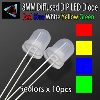 50Pcs 5Colorsx10Pcs 8mm Difuză Dioda LED Kit 3V Set Emițătoare de Lumină Alb Verde Roșu Galben Albastru