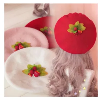 Căpșuni Dulce Roșu De Lână Pictor Pălărie Stil Japonez Dulce Minunat Cald Cumpărături Capac Plat Proaspăt Mic Urs Drăguț