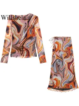 Willshela Femei De Moda 2 Bucata Set Tul Imprimat Bluza & Vintage Lace Up Midi Fusta Lady Chic Feminin Fuste Set