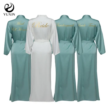 Sifon Lung Din Satin Robe De Mătase Din China Halat De Mireasa Personalizate Sora De Mireasa Praf Verde Robe Kimono De Onoare Robe