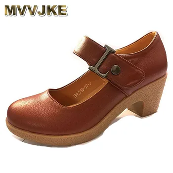 MVVJKE Mary Jane pantofi cu toc pentru femei curea glezna rotund deget de la picior toc pătrat pompe de dans petrecere doamna pene platforma din piele pantofi