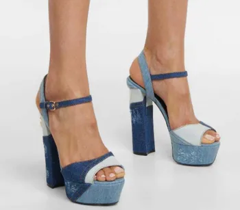 UVRCOS Peep Toe Sandale cu Platforma de Vara Sexy Amestecat Denim Albastru Tocuri Indesata Femei Pompe de Curea Glezna Pantofi cu Toc