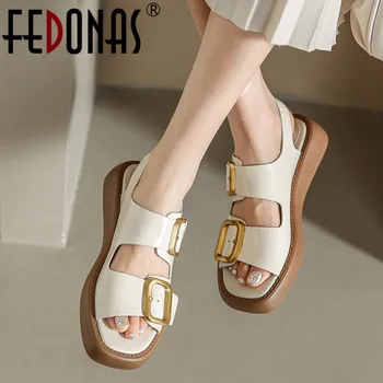 FEDONAS Clasic Femei Bucată Sandale cu Toc din Piele Confort Pantofi Casual Femei Apartamente de Vară Platforme, Sandale