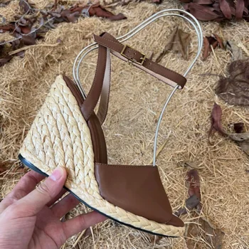 2022 Vara Culori Amestecate Deschis Deget de la picior Rotund Toe Sandale cu Toc Înalt de 10 cm piele de Oaie Căpută Țese Design Anti-Alunecare pentru Femei Pantofi Wedge