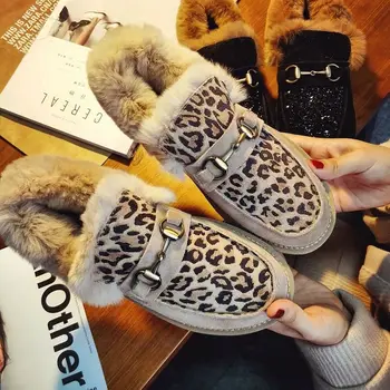 Apanzu Noi Femeile de Iarnă Glezna Cizme Leopard de Zăpadă Cizme de Pluș Naturale Blana de Iepure Cald Slip-on Pantofi Doamnelor Apartamente Plus Dimensiune 35-40