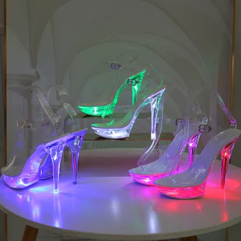 Lumina Stralucitoare Pantofi de Femeie Luminos Clar Sandale Femei Pantofi Platforma CONDUS 13cm cu Toc Transparent Stripteuză, Pantofi cu Toc
