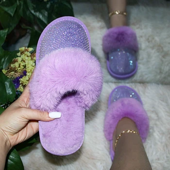 Femei Papuci de Casa cu Blana de Casa Papuci Moi Pufoase Slide-uri cu Blană Catâri Doamnelor Iarna, Interior Pluș Apartamente Pantofi Femei Bling