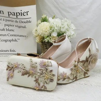 2020 New Sosire Pene de Flori de nunta pantofi cu saci de potrivire tocuri inalte Rotund Deget de la picior Glezna Curea Petrecerea de nunta pantofi și sac set