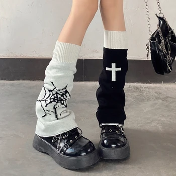 Gothic Punk Flare Tiv Încălzit De Picior Femei Harajuku Pânză De Păianjen Tricotate Genunchi Ridicat Piciorul De Acoperire Strada Boot Mansete Șosete Lungi