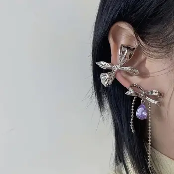 MWSONYA Moda coreeană Metal Bowknot Tassel Picătură Cercei pentru Femeile de Moda Cristal Violet Pendientes Petrecere Bijuterii Ureche Clip