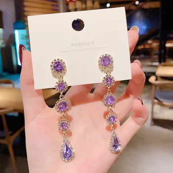 Coreeană Violet Stras Dragoste Inima De Flori Legăna Cercei Lungi Picătură De Apă De Cristal Bijuterii Pendientes Pentru Femei De Moda