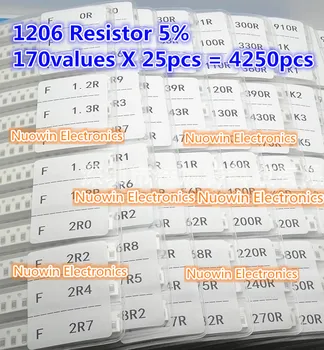 1206 SMD Rezistor Carte de Probă de Toleranță de 5% 170valuesx25pcs=4250pcs Rezistor Kit 0R~10M 0R-10M