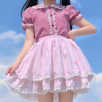 Japoneză Dulce Lolita Bluze Fete Drăguț Volane din Dantela Puff Maneca Carouri JK Tricouri Femei Printesa Loli Cosplay Kawaii Sus