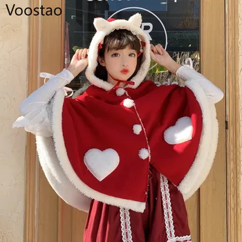 Toamna Iarna Japoneză Moale Fata Dulce Lolita Mantie De Pisică Ureche Cu Gluga Din Amestecuri De Lână Cald Paltoane Femei Drăguț Maneci Liliac Printesa Topuri