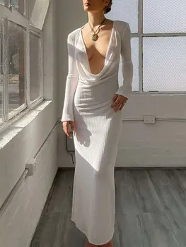 Femei albe Tricotate Sexy V-Gât Adânc O-Linie Fusta Toamna Fierbinte de Vânzare Nou Slim cu Maneca Lunga Rochie de Plaja, Costume de baie de Acoperire-Up A2090