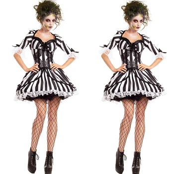 Halloween Femei Circ Diavolul Mireasa Cosplay Costum Sexy cu Dungi, Maneci Scurte din Dantela Cusut Rochie Carnaval Costum de Petrecere
