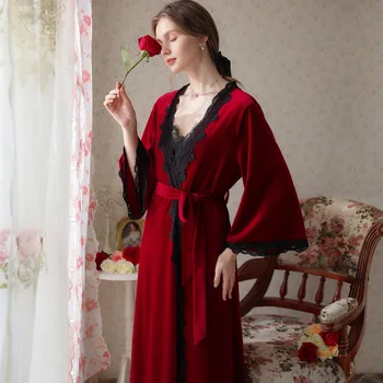 Roșu Sexy Rochie De Noapte Și Halat De Seturi De Femei Din Două Piese Cămașă De Noapte Romantică De Catifea Haine Toamna Iarna Sleepwear Neglijeu Îmbrăcăminte De Noapte