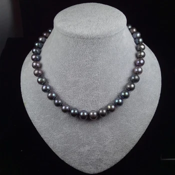 10-11mm Mare Colier de Perle Pentru Femei,Natural Negru de apă Dulce Pearl Colier Argint 925 petrecere de Bijuterii fine