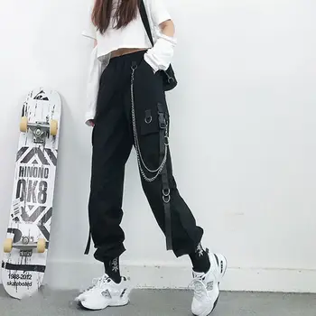 Fata Pantaloni Femei Punk Buzunare Pantaloni Jogger cu Lanț 2022 Noi Harajuku Elastic Talie Streetwear Pantaloni Harem pentru Femei