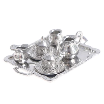 Pentru Păpuși Decalcomanii Noi 1Set 1/12 casă de Păpuși în Miniatură Metal Argintiu Ceai Cafea Tava Tacamuri Set
