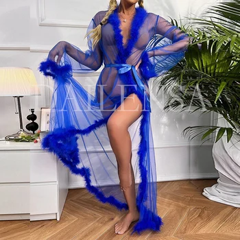 2022 noi stiluri Lung sexy femei Femme Blana pur Halat plasă de dantelă Asieta Lenjerie Sexy