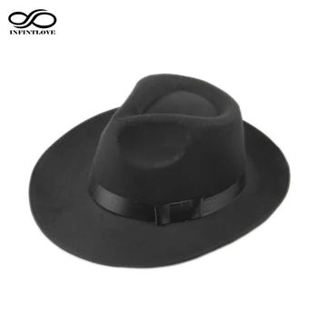 LUCKYLIANJI Epocă Bărbați Femei Greu de Lână Pălărie de Fetru Margine Largă Pălărie Trilby Panama Pălărie de Gangster Capac (Una Dimensiuni:58cm)