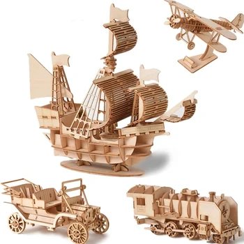 Lemn Puzzle 3D Model DIY Manual Mecanice Jucării Pentru Copii pentru Adulti Model de Kit de Asamblare Joc Nave Model de Tren Avion Animale