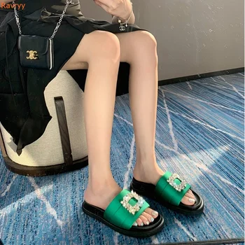 Mătase-Un Cuvânt Curea Sandale Bling Bling Cristal Pătrat Buton Plat cu Rotund Toe Papuci de casă Platforma sandale Femei, Sandale de Vara
