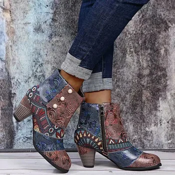 Pantofi femei Despicare Tipărite Glezna Cizme pentru Femei din Piele PU Retro Bloc Tocuri inalte Boem Doamnelor Primavara Toamna Cizme Scurte