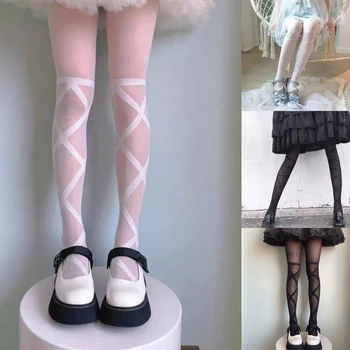 Femei Lolita Subțire Translucid Matasoasa Ciorapi Japoneze Anime Gothic False Crisscross Bandaj Aripă De Înger Model Cosplay Colanti