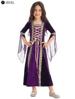 Fete Medieval, Renascentist Printesa Cosplay Costum Copii Retro Vintage Maneca Lunga Rochie pentru Halloween, Carnaval, Petrecere Tematica