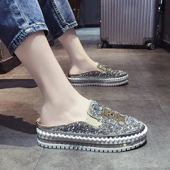 Koovan Femei Apartamente de Cristal Jumătate Papuci de Vara pentru Femei în Afara Purta 2020 Noua Platforma de Stil Leneș Pantofi Rhinstone 3cm
