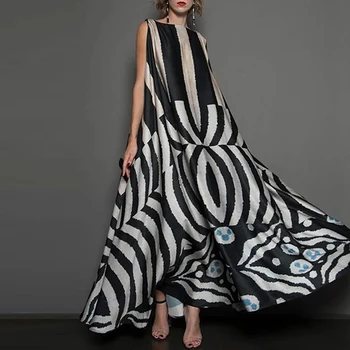 Yeezzi Moda de Vara Negru Original Geometrice Imprimate fără Mâneci Haină Lungă cu Dungi Loose Talie Maxi Rochie pentru Femei 2022 Noi