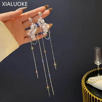 XIALUOKE Moda de Metal Lanț Ciucure Lung de Perle de Cristal Cercei Pentru Femei de Lux Elegante Stras Picătură Cercei Petrecere Bijuterii