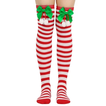 Ciorapi Cu Dungi Pentru Femei Peste Genunchi Șosete Lungi Crăciun Roșu Verde Bowknot Șosete Lungi Picior De Femeie Ciorapi