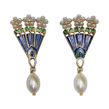 Ydgy moda nouă în formă de evantai Cercei cu Perle de sex feminin albastru picură ulei de email retro Cercei accesorii en-gros