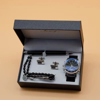 Omule Uita-Set Cadou Cu Înaltă Calitate Cutie de Lux Cuarț Ceas de mână Rozariului Brățară Butoni Pen Mens Ceasuri Set Pentru Barbati modelului Cadou