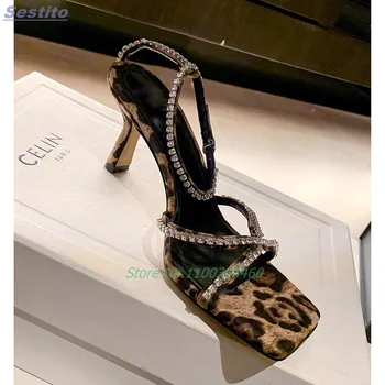 Cristal Leopard Cruce Curea Sandale Square Toe Stilet Toc Înalt Glezna, Catarama Bling Sexy Femei Pantofi De Vara Noi Banchet Moda