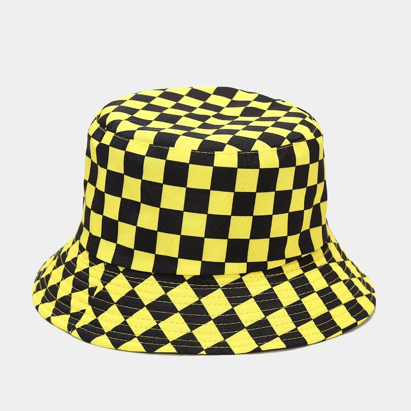 2022 Alb Negru Pălărie Găleată Plat Pescuit Pălărie Hip-Hop Carouri Capac de Primăvară-Vară Grila de Design de Moda Pescar Pălărie galben rosu roz Imagine 2