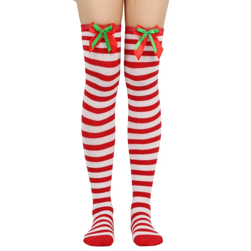 Ciorapi Cu Dungi Pentru Femei Peste Genunchi Șosete Lungi Crăciun Roșu Verde Bowknot Șosete Lungi Picior De Femeie Ciorapi Imagine 3