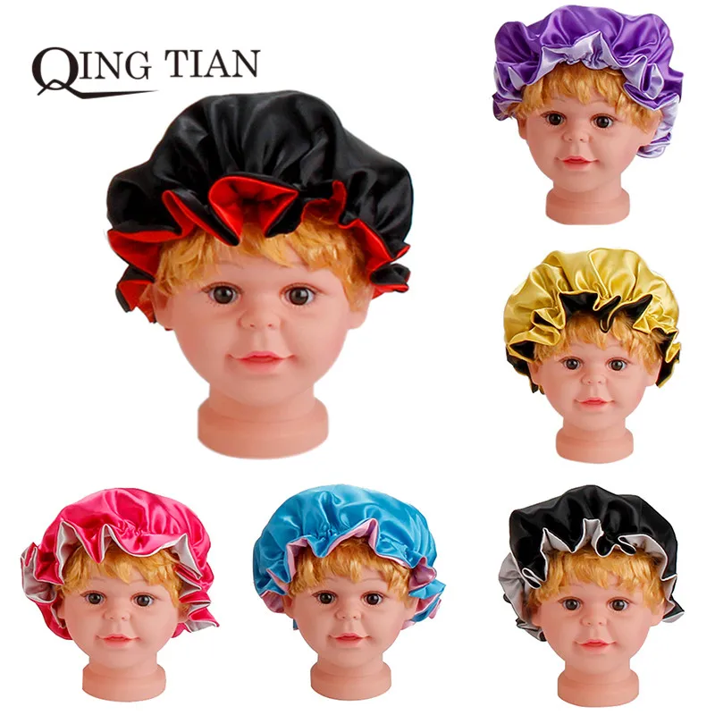 De Mari Dimensiuni De Culoare Dublă Reversibile Satin Capota Copii 2 Straturi De Satin De Mătase De Dormit Bonete Copilul Păr Pălărie Imagine 0