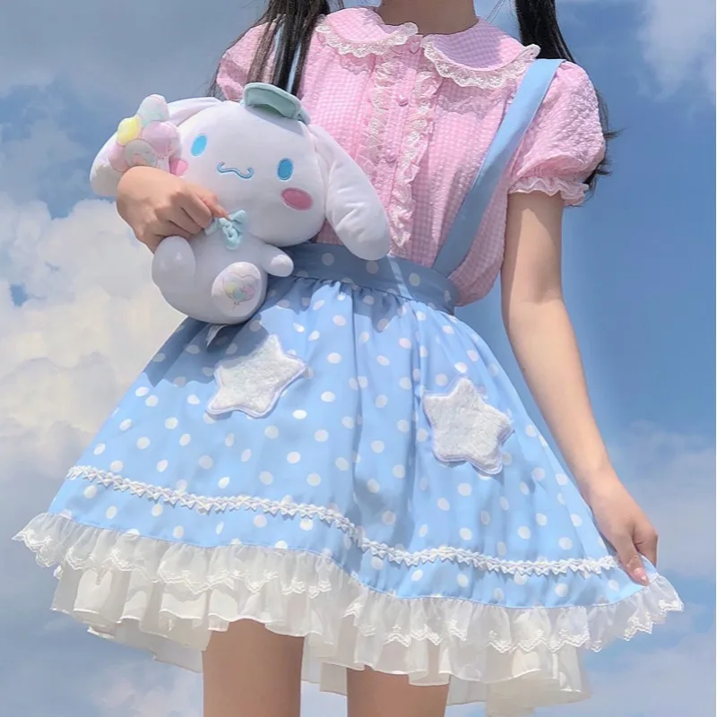 Japoneză Dulce Lolita Bluze Fete Drăguț Volane din Dantela Puff Maneca Carouri JK Tricouri Femei Printesa Loli Cosplay Kawaii Sus Imagine 2