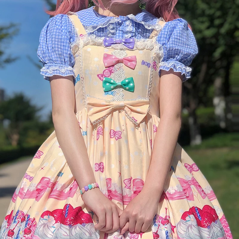 Japoneză Dulce Lolita Bluze Fete Drăguț Volane din Dantela Puff Maneca Carouri JK Tricouri Femei Printesa Loli Cosplay Kawaii Sus Imagine 4