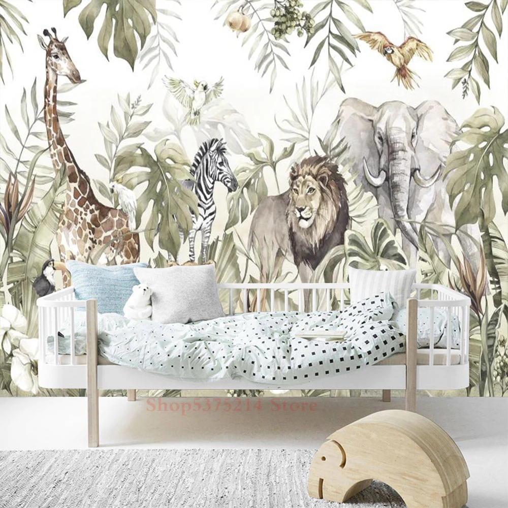 Jungle Animal imagini de Fundal 3D Home Decor Pentru Camera Copiilor Tropicale cu Frunze de Leu, Girafa, Zebra Art Foto de Perete Hârtie de Dimensiuni Personalizate Imagine 1
