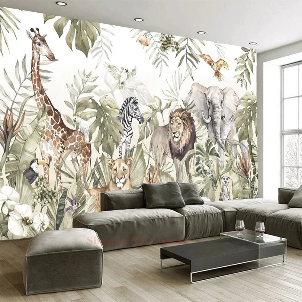 Jungle Animal imagini de Fundal 3D Home Decor Pentru Camera Copiilor Tropicale cu Frunze de Leu, Girafa, Zebra Art Foto de Perete Hârtie de Dimensiuni Personalizate Imagine 2