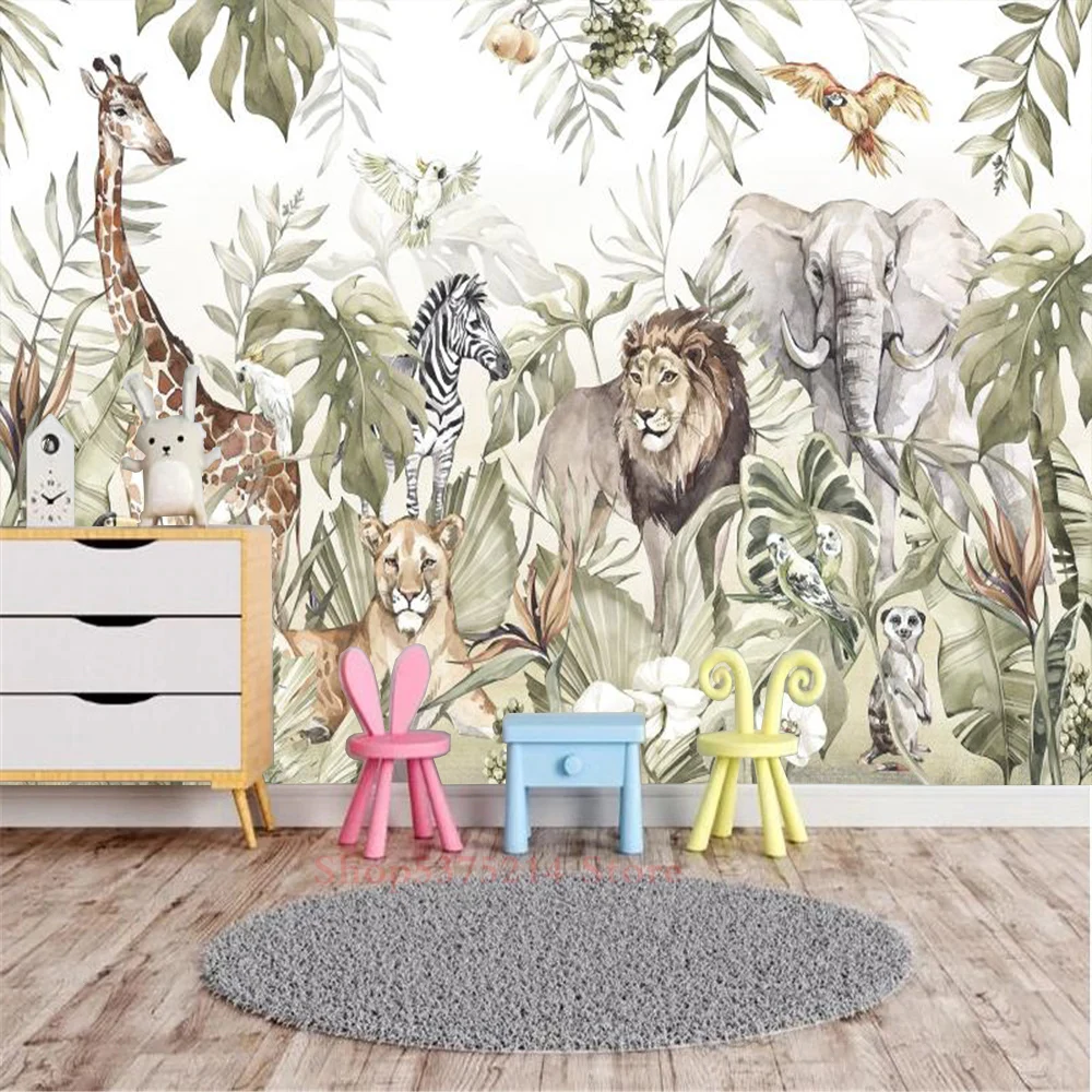 Jungle Animal imagini de Fundal 3D Home Decor Pentru Camera Copiilor Tropicale cu Frunze de Leu, Girafa, Zebra Art Foto de Perete Hârtie de Dimensiuni Personalizate Imagine 3