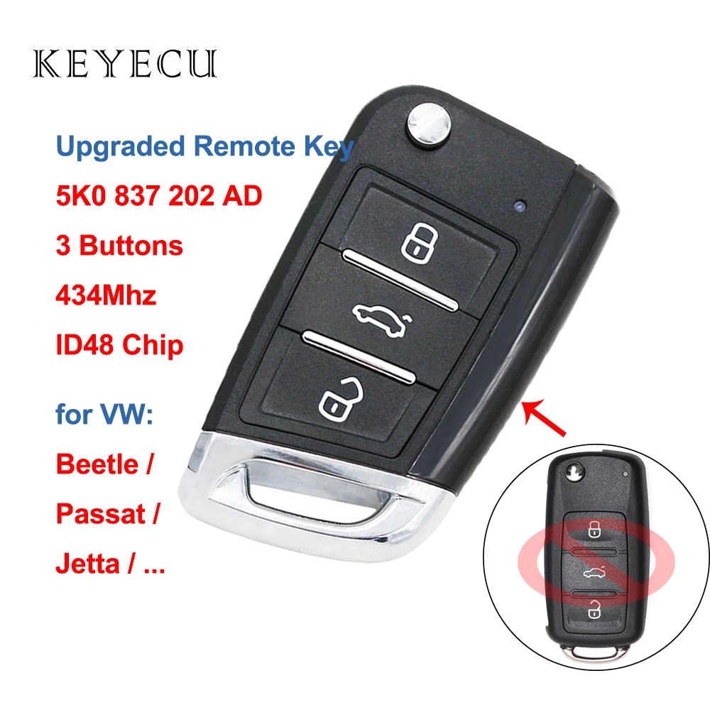 Keyecu Modernizate Flip de la Distanță Cheie Fob 434MHz Cip ID48 3 Butoane pentru Volkswagen Beetle Passat - FCC ID: 5K0 837 202 AD Imagine 0